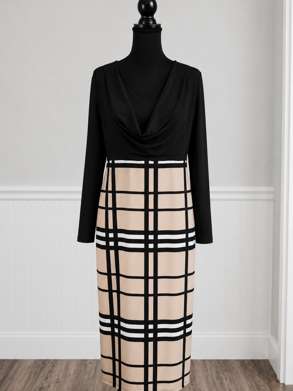 Shein Black and Beige Plaid Cowl Neck Dress